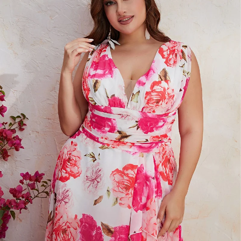 NiDELL New Summer plus Size Dress Women Floral Sleeveless Deep V-neck Irregular Holiday Dress-Fssn064