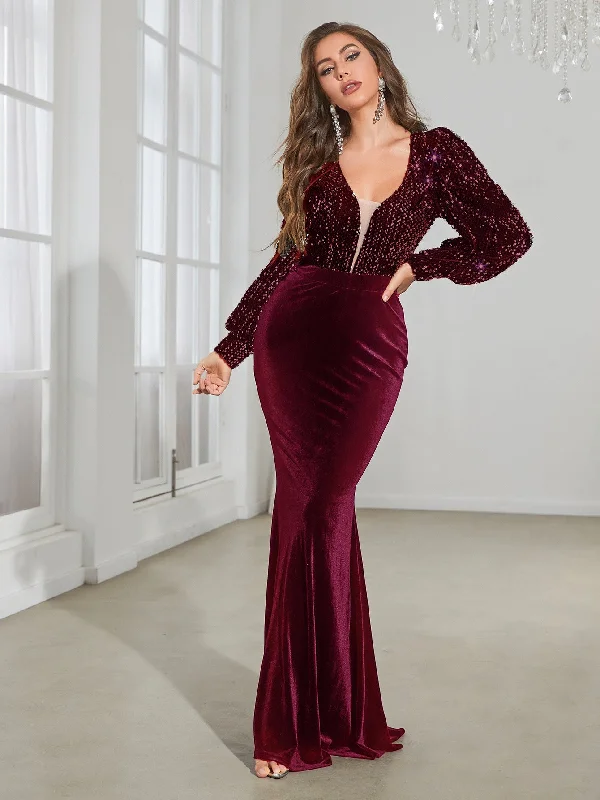 NiDELL Sequin Formal Dress Bare Back Handmade Beaded Long Sleeve Sequin Stitching Velvet Long Dress-A612-1