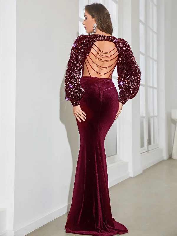 NiDELL Sequin Formal Dress Bare Back Handmade Beaded Long Sleeve Sequin Stitching Velvet Long Dress-A612-1