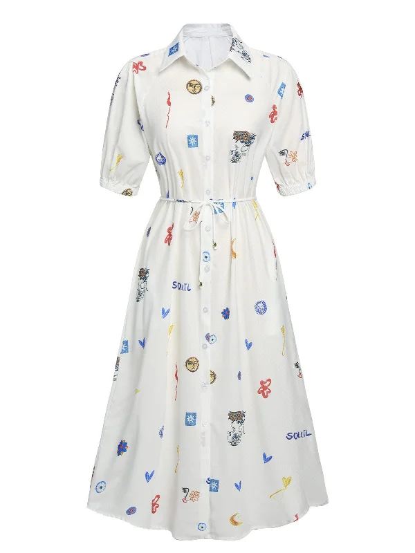 White 1940s Soleil Print Shirt Lapel Dress