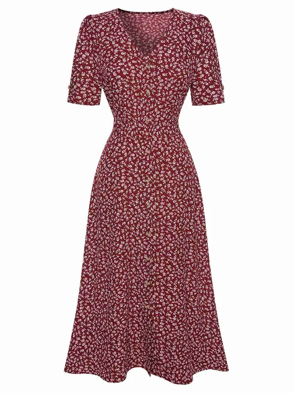 Wine Red 1940s V-Neck Ditsy Floral Dress