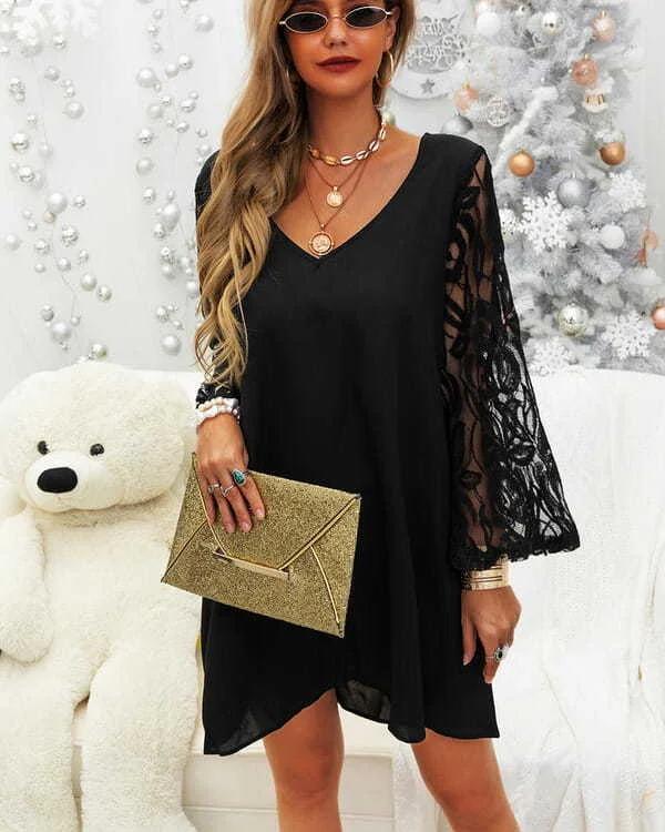 Black Mid-length Lace Sleeve Loose Waist Casual Dress Round Dresses