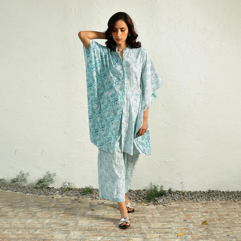 Cotton Kaftan Co-Ord Set | Paisley Handblock Print | Blue