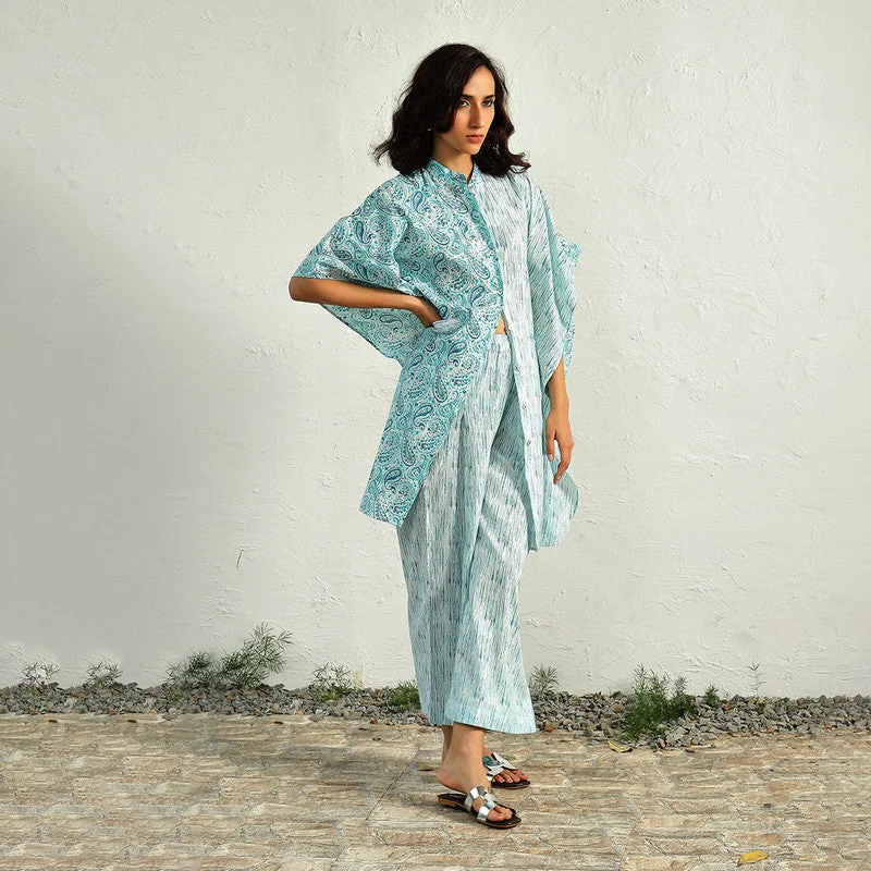 Cotton Kaftan Co-Ord Set | Paisley Handblock Print | Blue