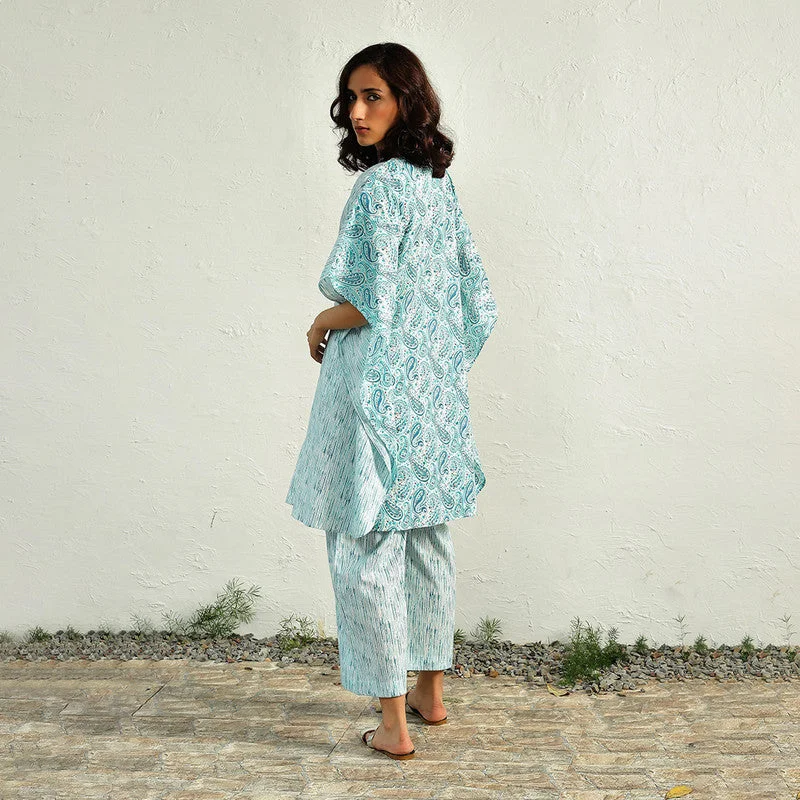 Cotton Kaftan Co-Ord Set | Paisley Handblock Print | Blue