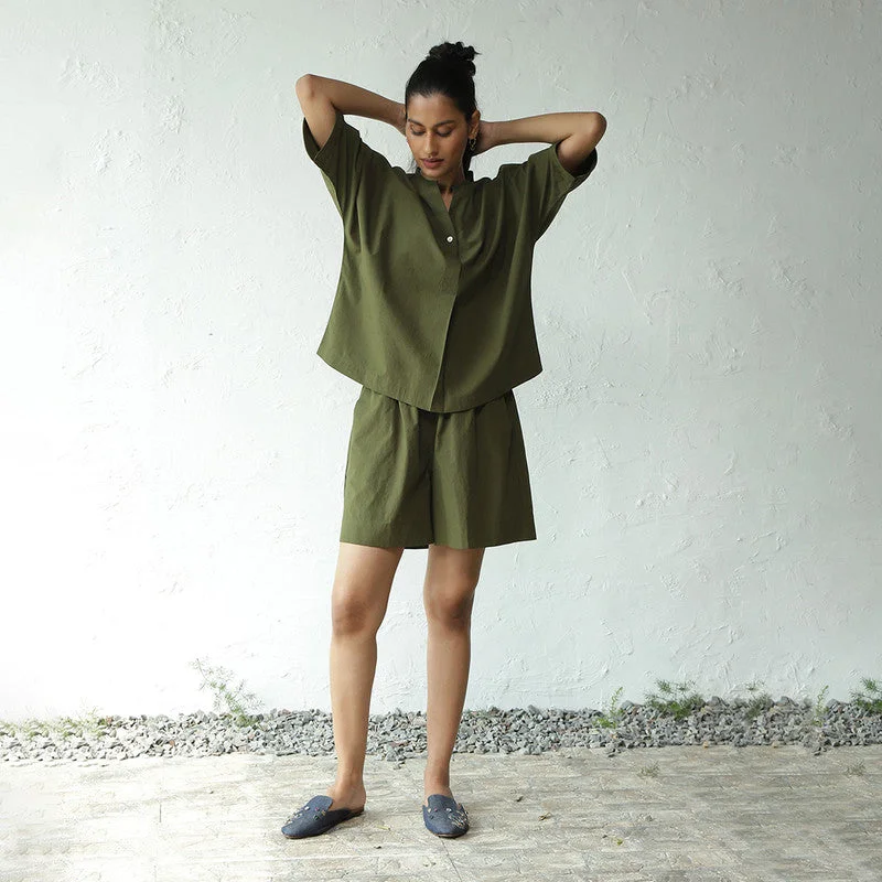 Cotton Poplin Co Ord for Women | Military Green | Top & Shorts