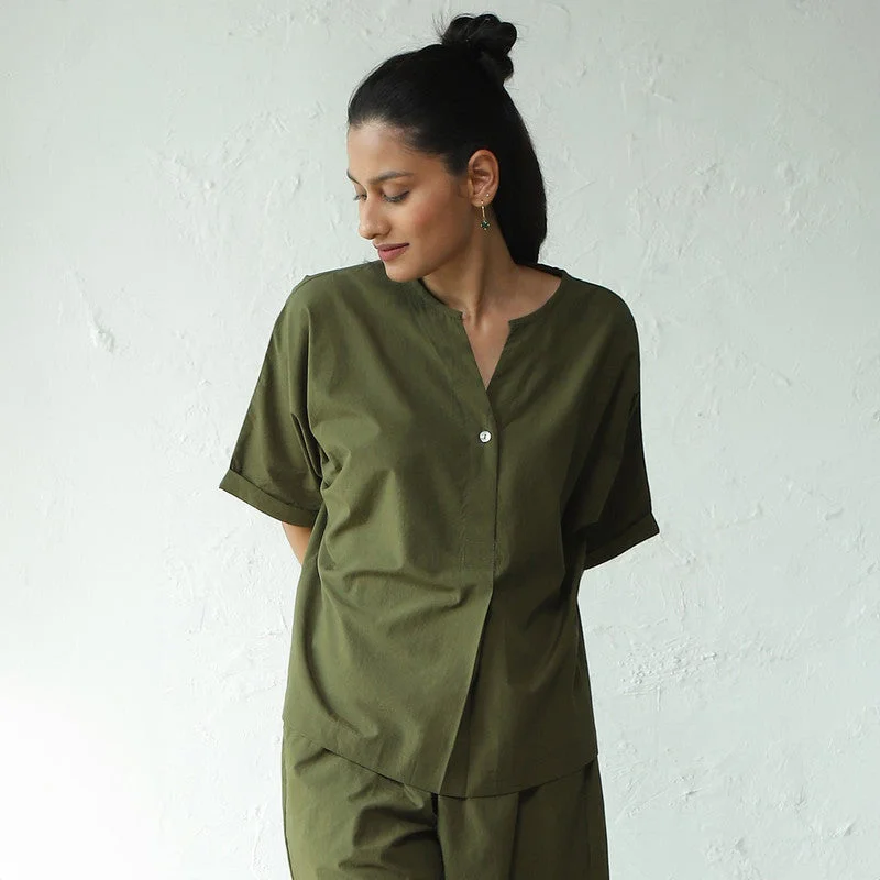 Cotton Poplin Co Ord for Women | Military Green | Top & Shorts