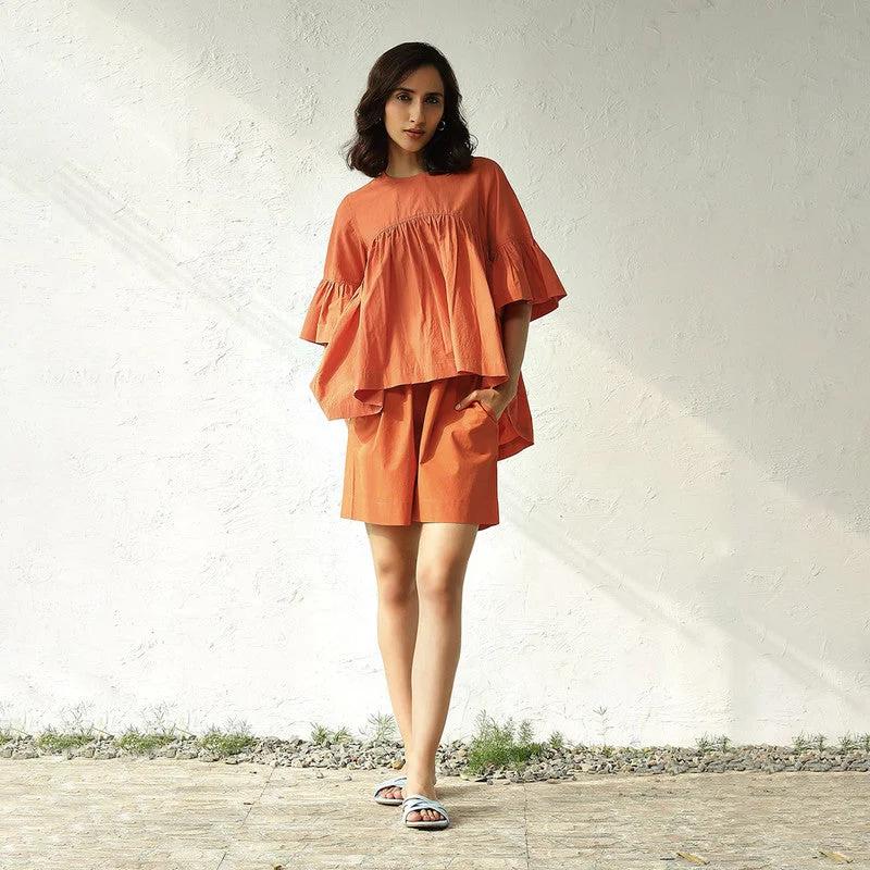 Poplin Cotton Co Ord Set | Orange | Top & Shorts