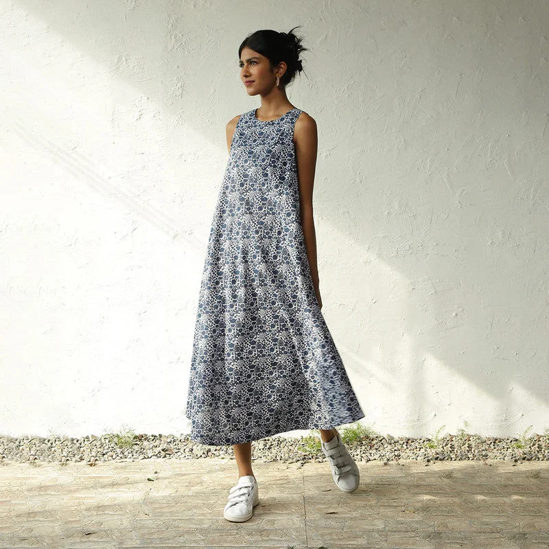 Cotton Halter Dress for Women | Block Print | Blue & White