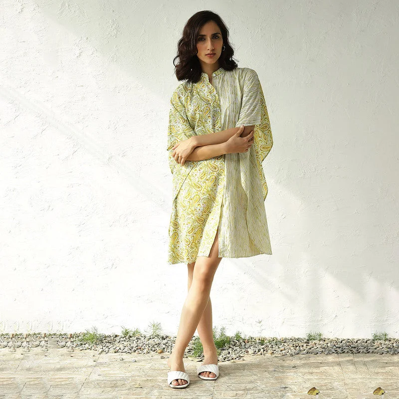 Cotton Short Kaftan Dress for Women | Paisley Handblock Print | Green