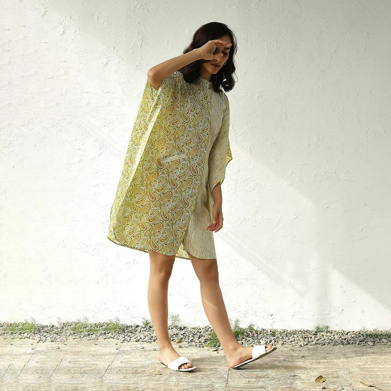 Cotton Short Kaftan Dress for Women | Paisley Handblock Print | Green