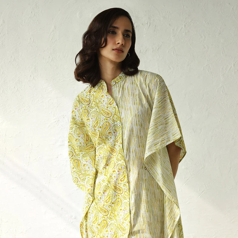 Cotton Short Kaftan Dress for Women | Paisley Handblock Print | Green