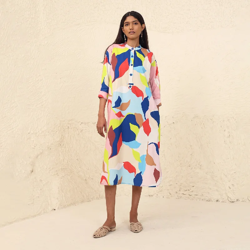 Cotton Poplin A-Line Dress for Women | Mandarin Neck | Multicolour