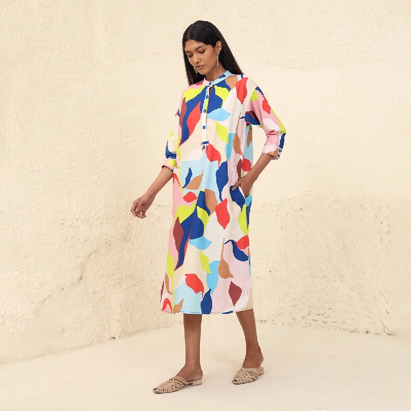 Cotton Poplin A-Line Dress for Women | Mandarin Neck | Multicolour