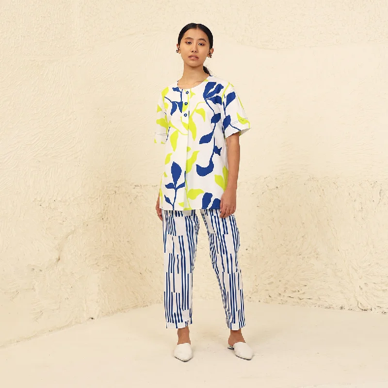 Cotton Poplin Printed Co-Ord Set for Women | Lime & Blue