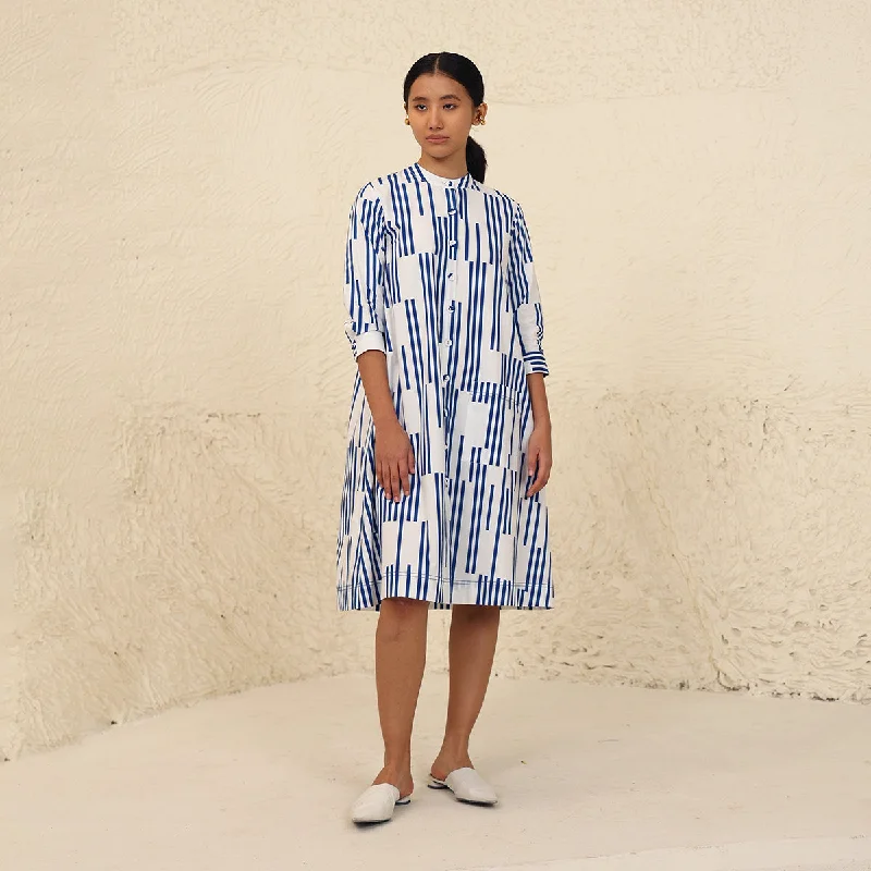 Cotton Poplin Shirt Dress for Women | Stripe Print | White & Blue