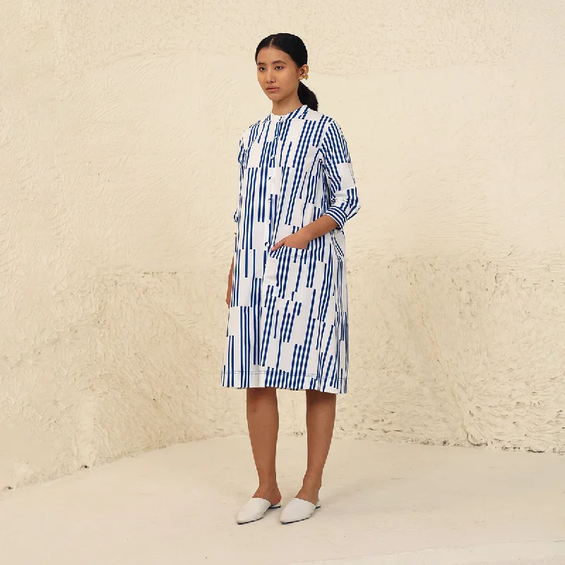 Cotton Poplin Shirt Dress for Women | Stripe Print | White & Blue