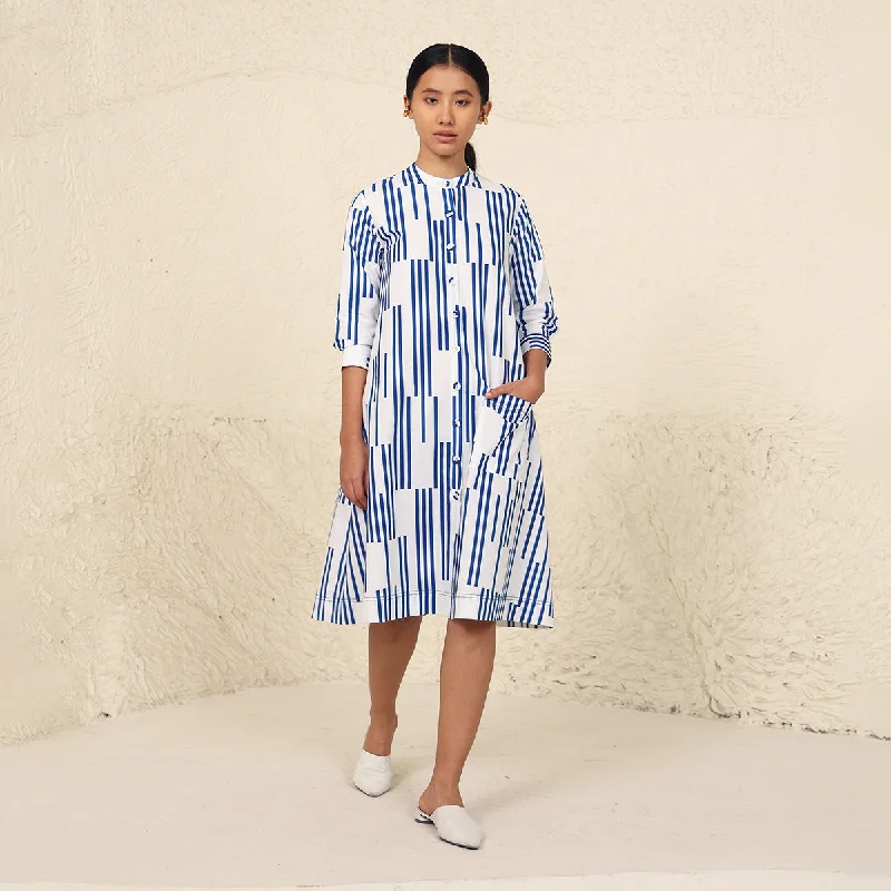 Cotton Poplin Shirt Dress for Women | Stripe Print | White & Blue