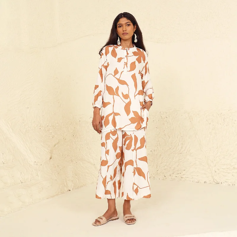 Tencel Twill Co-Ord Set for Women | Printed | White & Beige