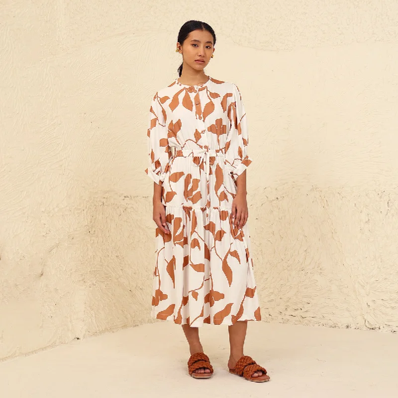 Tencel Twill Tiered Dress for Women | Printed | White & Beige