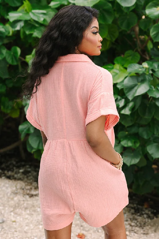 Loving The Sun Coral Gauze Button Up Romper