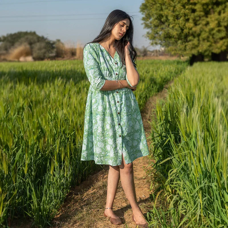 Handblock Printed Cotton Dress | Floral | Sea Green