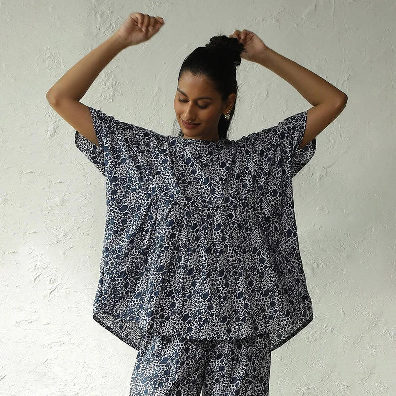 Cotton Kaftan Top for Women | Block Print | Blue & White