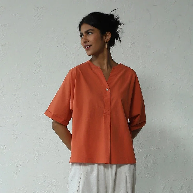 Cotton Pleated Top for Women | Orange