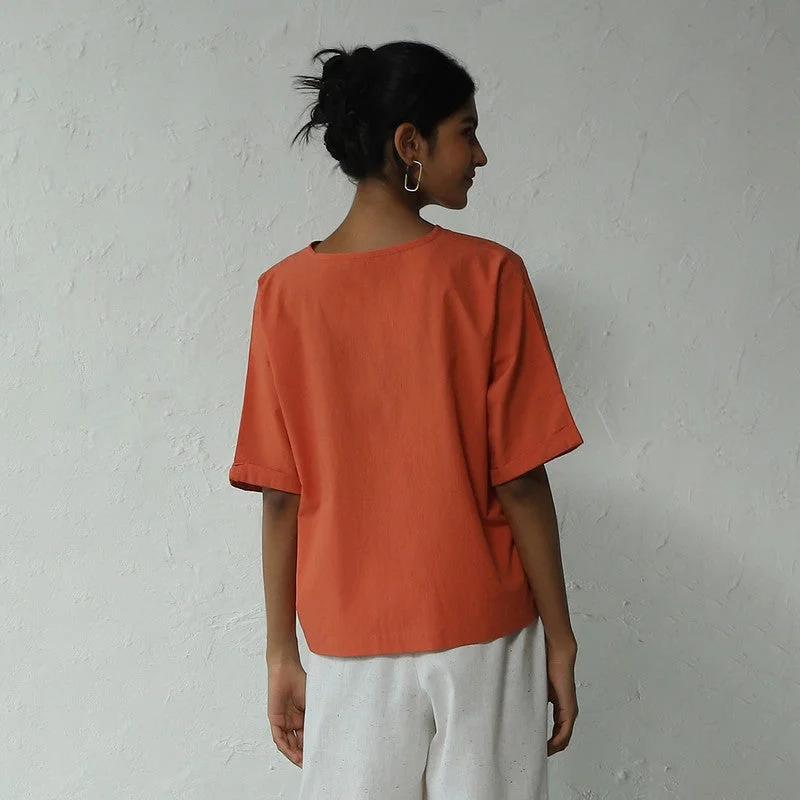 Cotton Pleated Top for Women | Orange