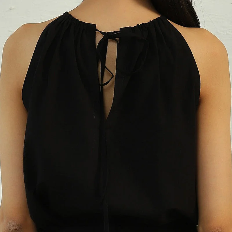 Cotton Poplin Black Top for Women | Tie-Up Neck