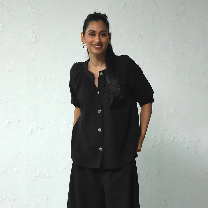 Poplin Cotton Black Top for Women | Placket Top