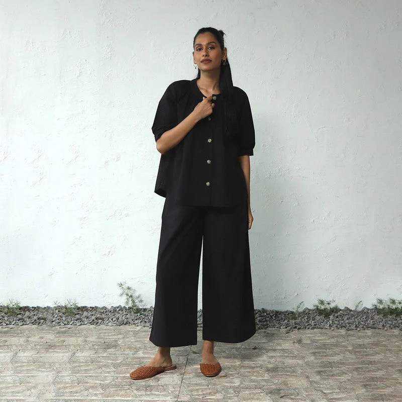 Poplin Cotton Black Top for Women | Placket Top