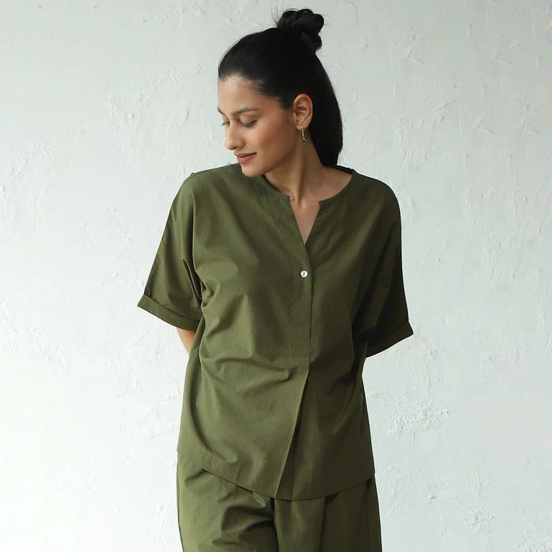 Poplin Cotton Pleated Top | Military Green