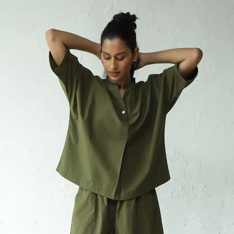 Poplin Cotton Pleated Top | Military Green