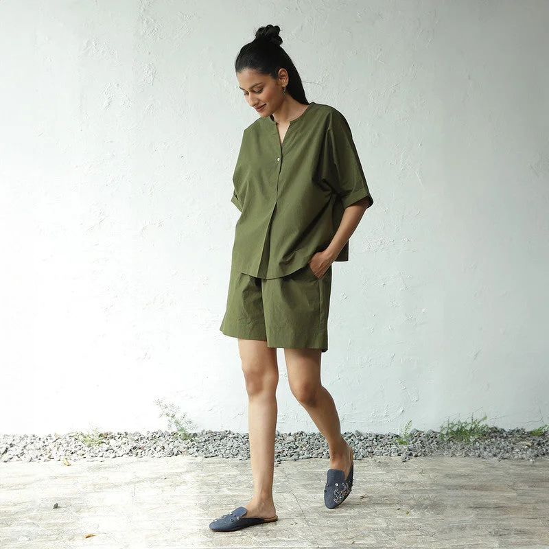 Poplin Cotton Pleated Top | Military Green