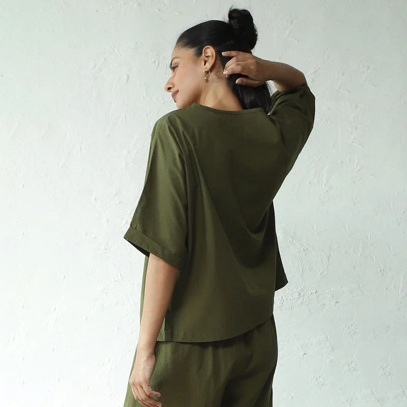 Poplin Cotton Pleated Top | Military Green