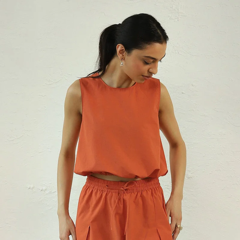 Poplin Cotton Sleeveless Top | Drawstring | Orange