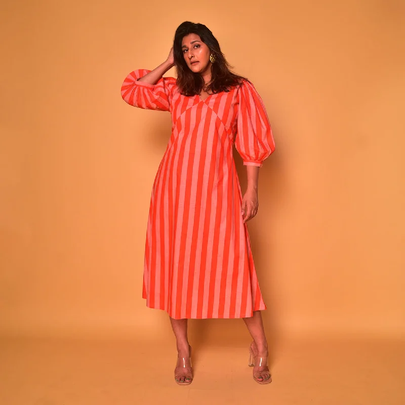 Cotton Long Dress for Women | Striped | Peach & Orange