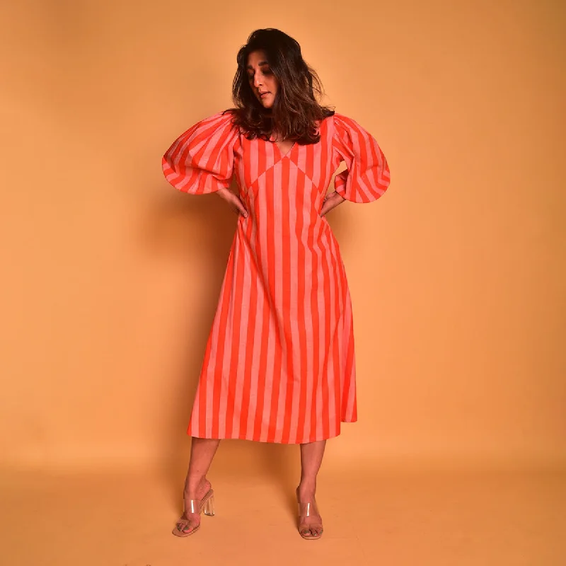 Cotton Long Dress for Women | Striped | Peach & Orange