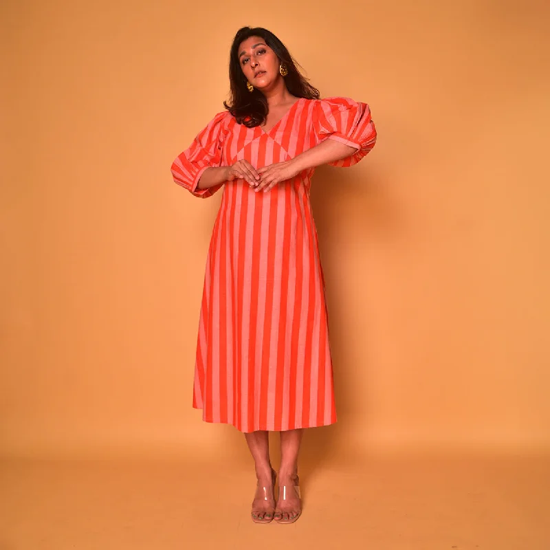 Cotton Long Dress for Women | Striped | Peach & Orange