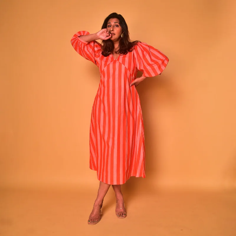 Cotton Long Dress for Women | Striped | Peach & Orange