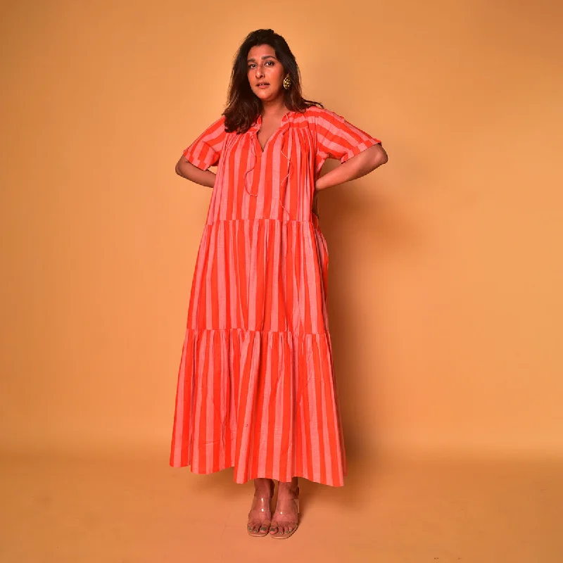 Cotton Long Tiered Dress for Women | Striped | Peach & Orange