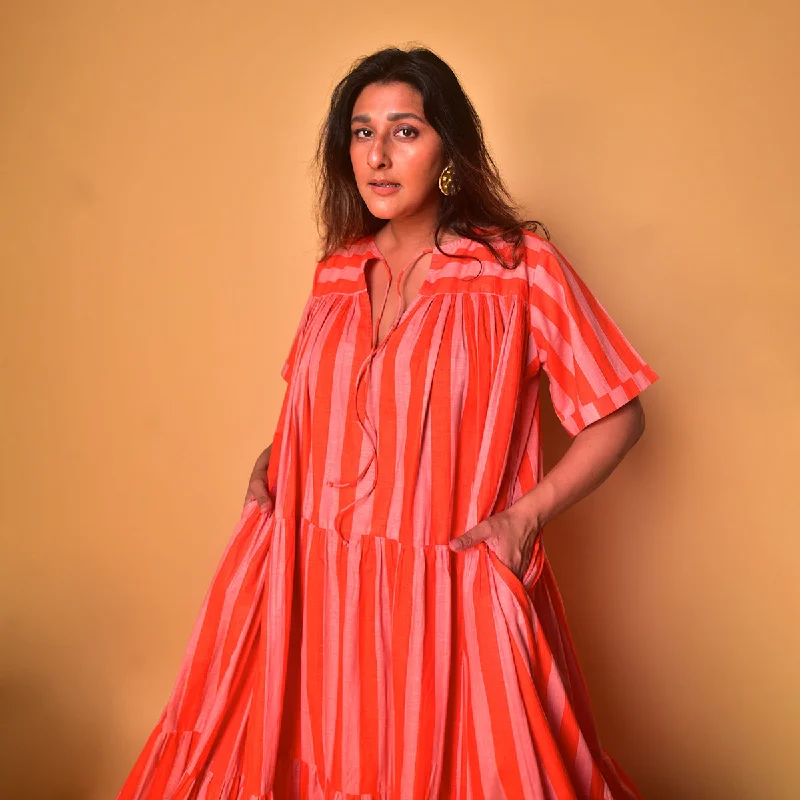 Cotton Long Tiered Dress for Women | Striped | Peach & Orange