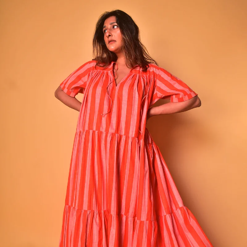 Cotton Long Tiered Dress for Women | Striped | Peach & Orange