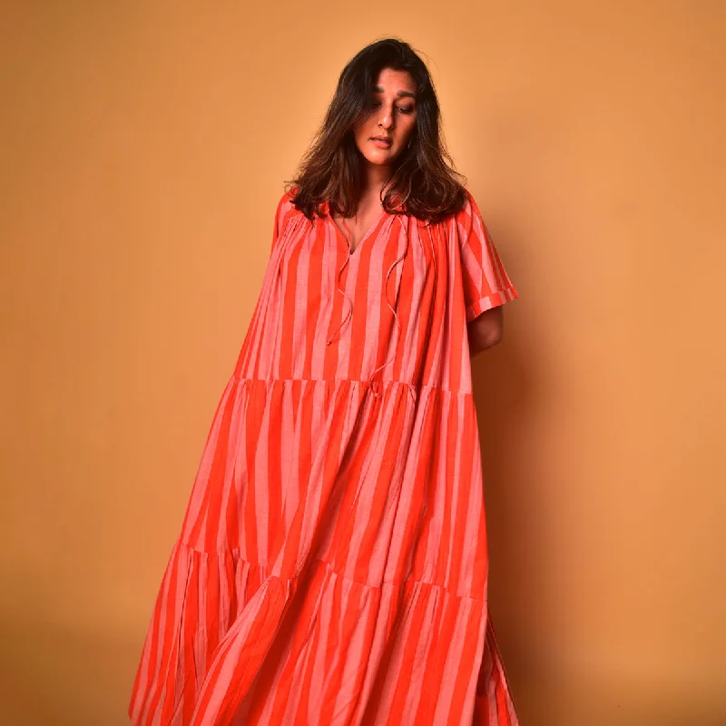 Cotton Long Tiered Dress for Women | Striped | Peach & Orange