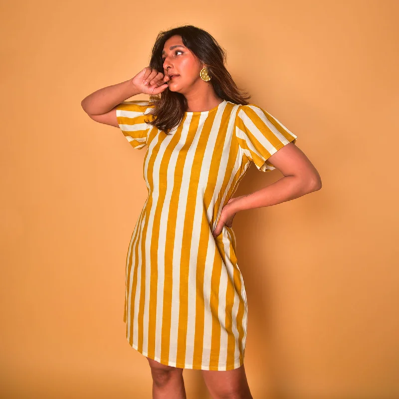 Cotton Short Dress for Women | Striped | Yellow & White