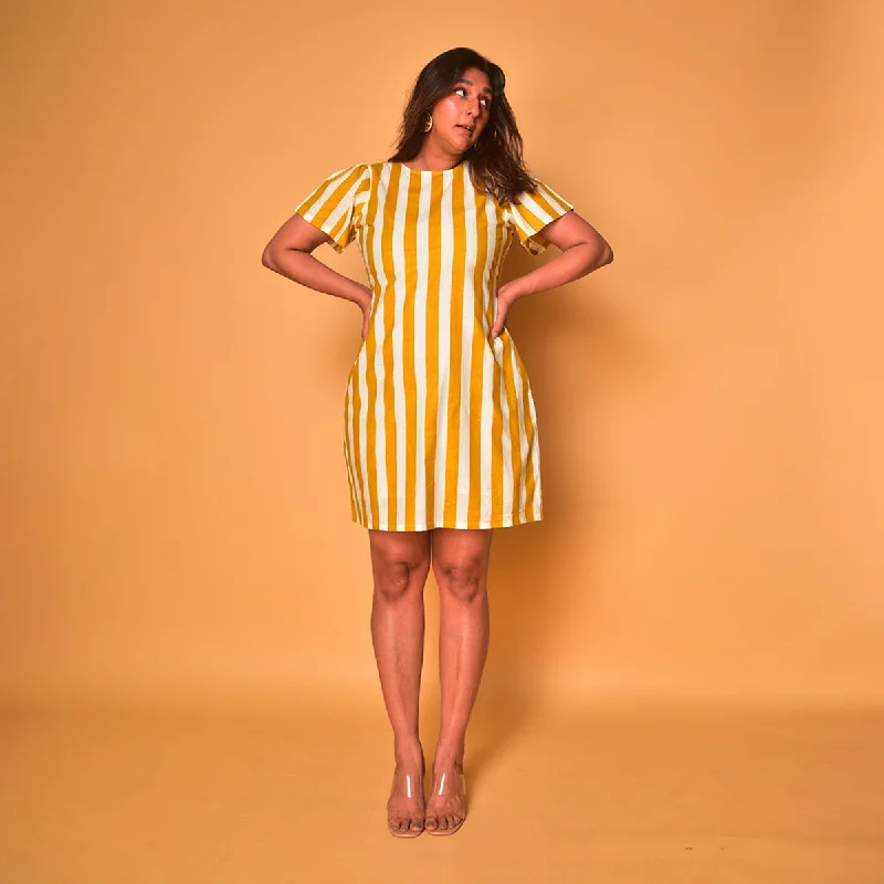 Cotton Short Dress for Women | Striped | Yellow & White