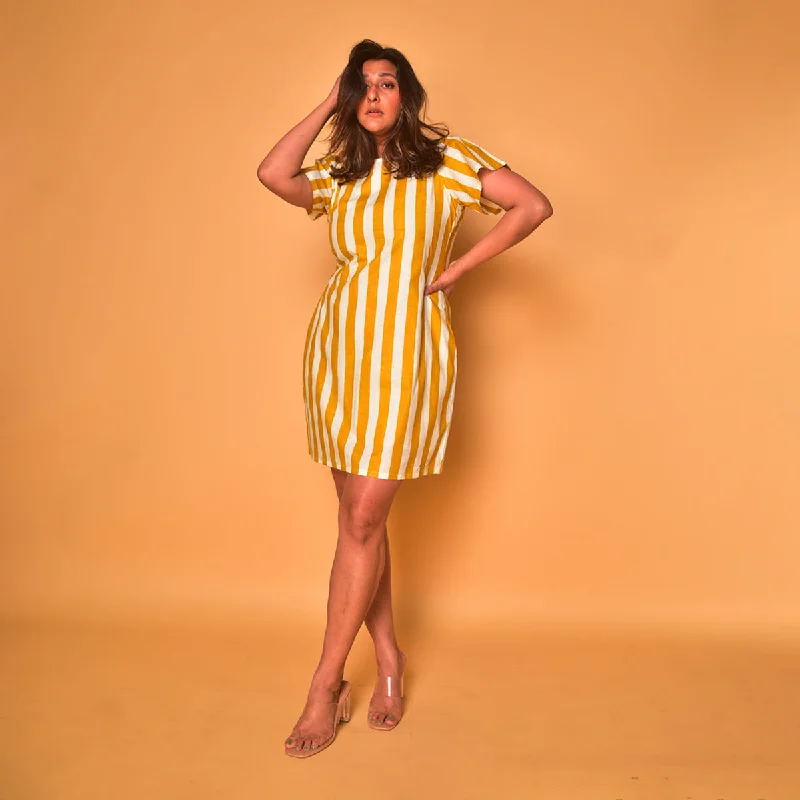 Cotton Short Dress for Women | Striped | Yellow & White