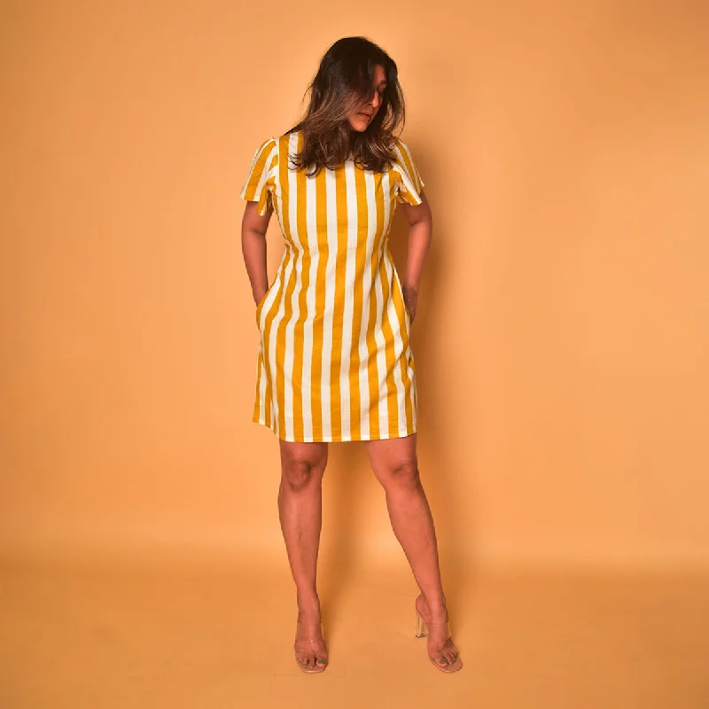 Cotton Short Dress for Women | Striped | Yellow & White