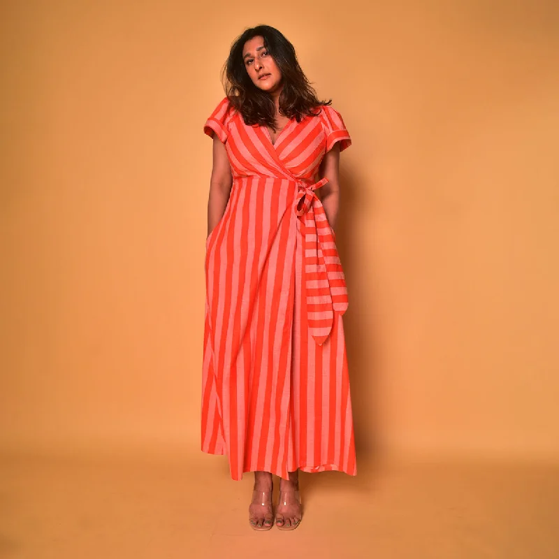 Cotton Wrap Dress for Women | Striped | Peach & Orange